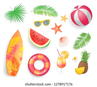 Summer tropical items set isolated icons vector. Surfboard and sunglasses, ball and lifebuoy, cocktail and pineapple. Starfish and seashell leaves