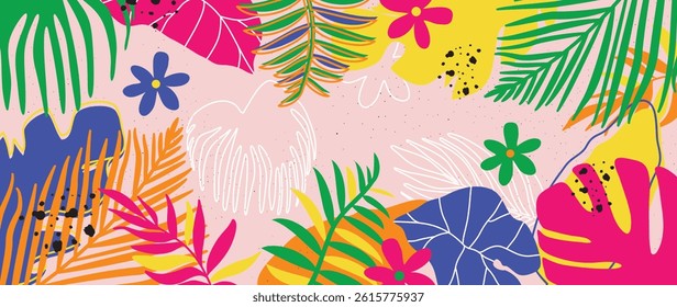 Summer tropical jungle background vector. Colorful botanical with exotic plants, monstera, flowers, palm leaves, grunge texture. Happy summertime illustration for poster, cover, banner, print.