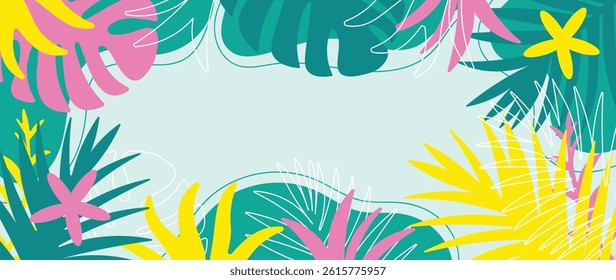 Summer tropical jungle background vector. Colorful botanical with exotic plants, monstera, flowers, palm leaves. Happy summertime illustration for poster, cover, banner, print.