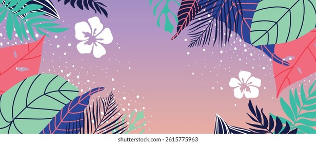 Summer tropical jungle background vector. Colorful botanical with exotic plants, monstera, flowers, palm leaves. Happy summertime illustration for poster, cover, banner, print.