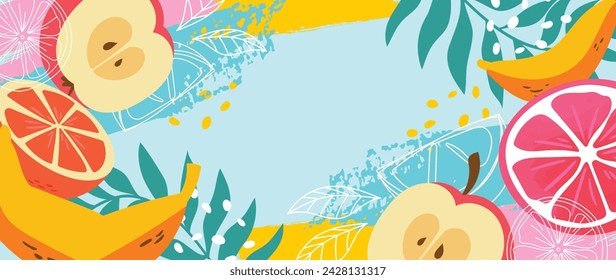 Summer tropical jungle blue background vector. Colorful botanical with exotic plant, flowers, palm leaves, fruit, grunge texture. Happy summertime illustration for poster, cover, banner, prints.