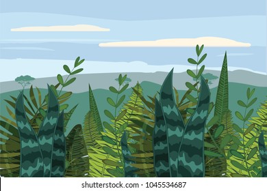 Summer tropical jungle card with leaves. Cartoon style. Vector illustration, isolated