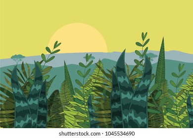 Summer tropical jungle card with leaves. Cartoon style. Vector illustration, isolated