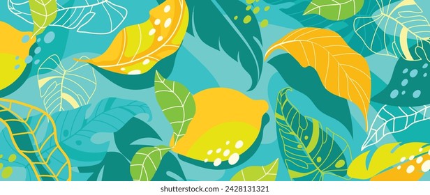 Summer tropical jungle green background vector. Colorful botanical with exotic plant, flowers, palm leaves, fruit, lemon. Happy summertime illustration for poster, cover, banner, prints.