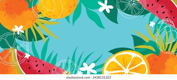 Summer tropical jungle green background vector. Colorful botanical with exotic plant, flowers, palm leaves, fruit, watercolor texture. Happy summertime illustration for poster, cover, banner, prints.