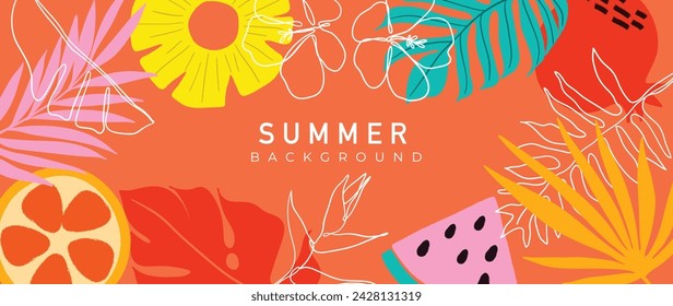 Summer tropical jungle orange background vector. Colorful botanical with exotic plant, flowers, palm leaves, fruit. Happy summertime illustration for poster, cover, banner, prints.