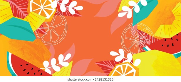 Summer tropical jungle orange background vector. Colorful botanical with exotic plant, flowers, palm leaves, fruit, watercolor texture. Happy summertime illustration for poster, cover, banner, prints.