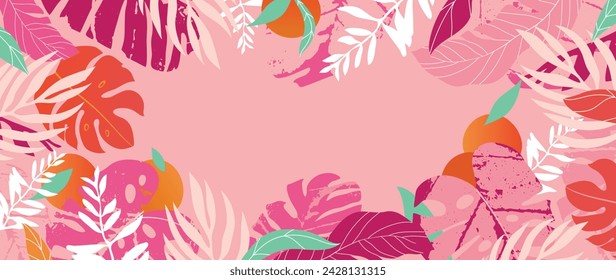 Vector de fondo rosa selva tropical de verano. Colorido botánico con planta exótica, flores, hojas de palma, fruta, textura grunge. Ilustración de verano feliz para el póster, cubierta, banner, impresiones.