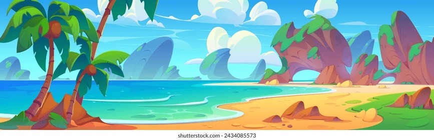 Summer tropical lagoon landscape with calm sea or ocean water, beach with sand, stone and palm trees with coconuts, rocky mountains and blue sky with clouds. Cartoon vector empty shore scenery.