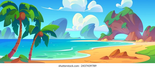 Paisaje tropical de la laguna del verano con el mar tranquilo o el agua del océano, playa con la arena, la piedra y las palmeras con los cocos, las montañas rocosas y el cielo azul con las nubes. Vector de dibujos animados paisaje de orilla vacía.