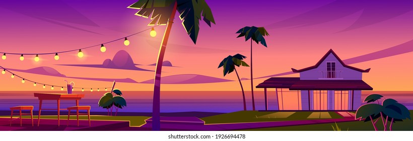 Summer tropical landscape with bungalow on ocean beach, table and chairs on terrace at sunset. Vector cartoon illustration of exotic resort vacation on sea shore with house and palm trees