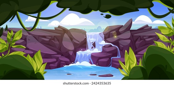 Summer tropical landscape with cascade waterfall in jungle with green trees, bushes and liana vines on shore. Cartoon vector rainforest scenery with river water fountain flowing on rock cliff.