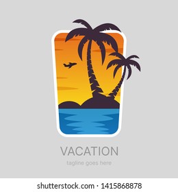 Summer, tropical landscape, paradise logotype design. Flat vector sunset beach brandmark, EPS10 template.