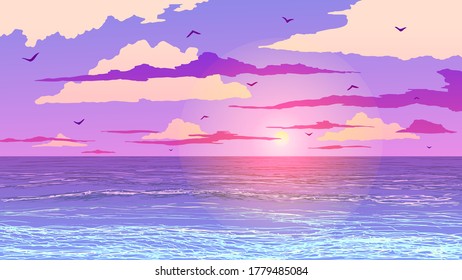 Summer tropical landscape. Sandy beach with palm trees on ocean coast at sunset. Vector illustration. 