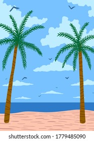 Summer tropical landscape. Sandy beach with palm trees and seagulls on ocean coast. Vertical abstract flat vector illustration.