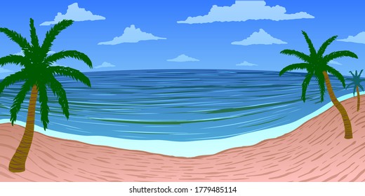Summer tropical landscape. Sandy beach with palm trees on ocean coast. Vector illustration.