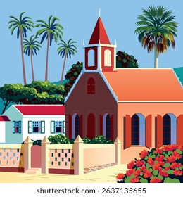 Summer tropical landscape with traditional old church in the first plan, bungalows and colorful houses with exotic plants in the background. Handmade drawing vector illustration.
