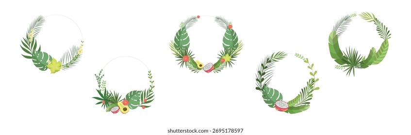 Conjunto de Vector de marco de hoja y follaje tropical de verano
