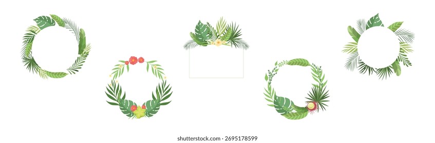 Conjunto de Vector de marco de hoja y follaje tropical de verano