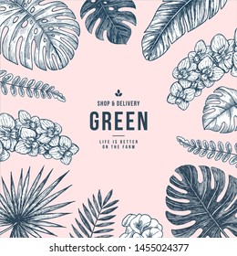 Summer tropical leaf frame. Cover layout template. Floral organic background.  Beauty style.  Vector illustration