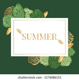 summer tropical leaf frame, Tropical palm leaves background wallpaper. Illustration for design wedding invitations, greeting cards, postcards.