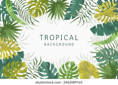 Summer tropical leaf frame. Tropical palm leaves background. Vector illustration for design banner wedding invitation, greeting card, cover, social media.