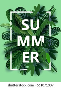 Summer Tropical Leaf. Paper cut style. Vector illustration EPS10.Vector banner