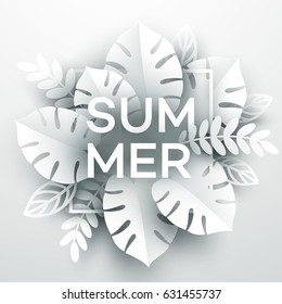 Summer Tropical Leaf. White Paper cut style. Vector illustration EPS10