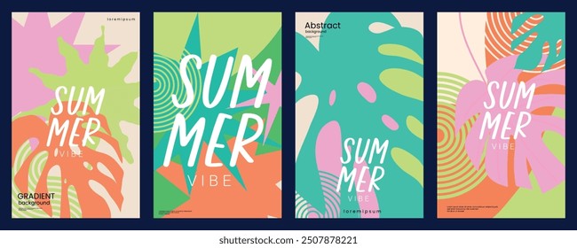 Hojas tropicales de verano y cubierta de estilo colorido. Conjunto de diseño de Anuncio con geométrico, hojas en patrón de arte de línea. para publicación en redes sociales, Internet, anuncios, negocios. 