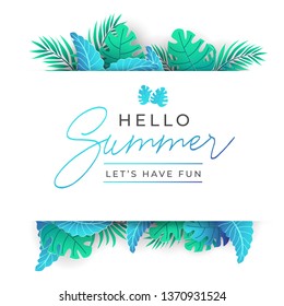 Summer Tropical Leaves design in trendy style with paper effect. Vector template for party, greeting card,wedding invitation etc. Summer background with exotic palm leaves. Vector illustration