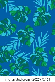 Summer tropical leaves digital pattern.  Monstera tropical leaves on blue background. Floral summer pattern for textile or wallpaper. 
Tropical leaves pattern.