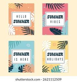 Sommerliche tropische Blätter Elemente Dekoration auf abstraktem Hintergrund für saisonale Flyer und Tags Vorlage. Tropische Poster-Sommerkollektion.
