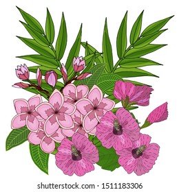 Summer tropical leaves and flower vector. Vector illustration with exotic flowers and leaves. Exotic colorful tropical bouquet.

