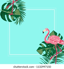 Summer tropical leaves, flower,flamingo and leaf background. Vector of summer sale banner, poster, background.