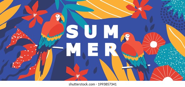 Summer tropical leaves and flowers poster background with parrots vector illustration. Exotic summer travel web banner. Colorful design for beauty and natural products, spa, wellness, fabric, fashion