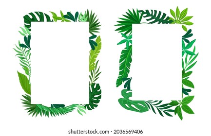 Marco de hojas tropicales de verano. Marcos rectangulares con hojas de palma, invitación, tarjeta de saludo, ilustración vectorial de diseño postal