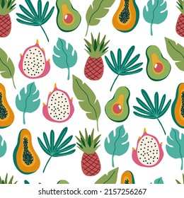 Summer tropical leaves and fruits seamless pattern. Avocado, dragon fruit, papaya, monstera, banana leaf, palm leaf. Vector cartoon collection illustration on a white background.