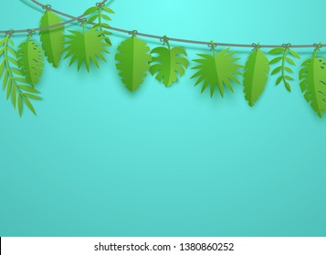 Summer tropical leaves garland in paper cut style. Craft jungle plants collection hanging on a rope on blue background. Creative vector card illustration template for Hawaiian party invitation