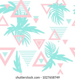 Summer Tropical Leaves Seamless Pattern with Geo Elements