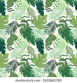 Verão tropical folhas sem costura padrão. Padrão de selva exótica com folhas de palma, monstera, samambaia, folhas de banana para tecidos, impressão, cartões de saudação, têxtil, papel de embalagem, embalagem
