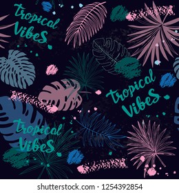 summer tropical leaves silhouette with inscription tropical vibes seamless pattern on a black background