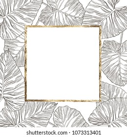 Summer tropical leaves vector design with gold frame. Floral background illustration. Invitation or card design with jungle leaves.