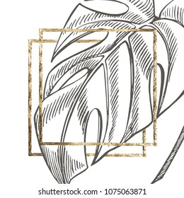 Summer tropical leaves vector design with gold frame. Floral background illustration. Invitation or card design with jungle leaves.