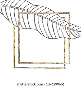 Summer tropical leaves vector design with gold frame. Floral background illustration. Invitation or card design with jungle leaves.