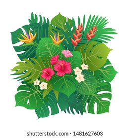 Summer Tropical Leaves Vector Design. Vector illustration with flowers and leaves. Colorful tropical illustration with bouquet.