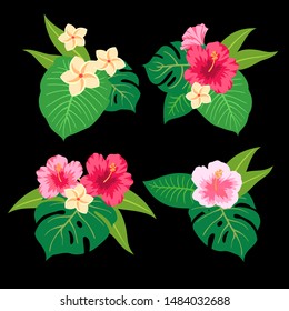Summer Tropical Leaves Vector Design. Vector illustration with flowers and leaves. Set of colorful  tropical bouquets.