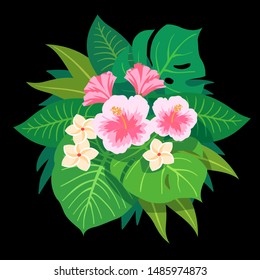 Summer Tropical Leaves Vector Design. Vector illustration with flowers and leaves. Colorful tropical illustration with bouquet.