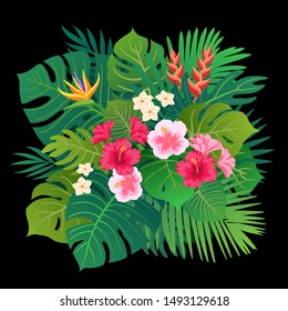 Summer Tropical Leaves Vector Design. Vector illustration with flowers and leaves. Colorful tropical illustration with bouquet.