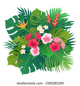 Summer Tropical Leaves Vector Design. Vector illustration with flowers and leaves. Set of colorful  tropical bouquets.