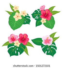 Summer Tropical Leaves Vector Design. Vector illustration with flowers and leaves. Set of colorful  tropical bouquets.